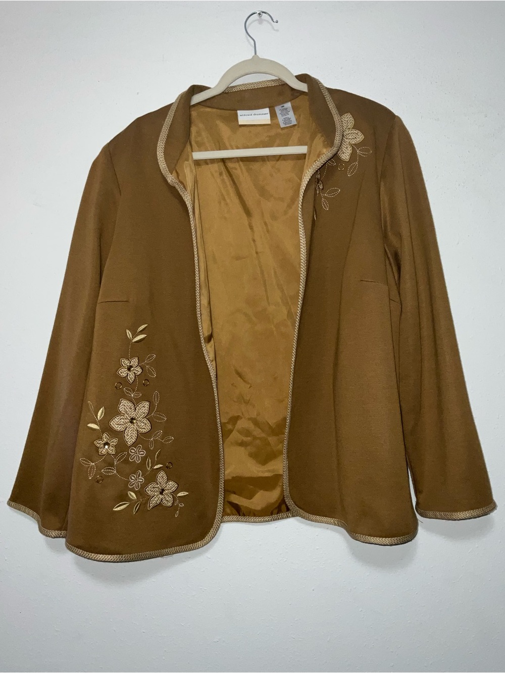 Vintage Alfred Dunner Open Front Embroidered Floral Blazer Jacket Brown Tan 18W